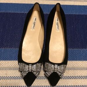 Black suede Karl Largerfeld Flats w/rhinestone bow